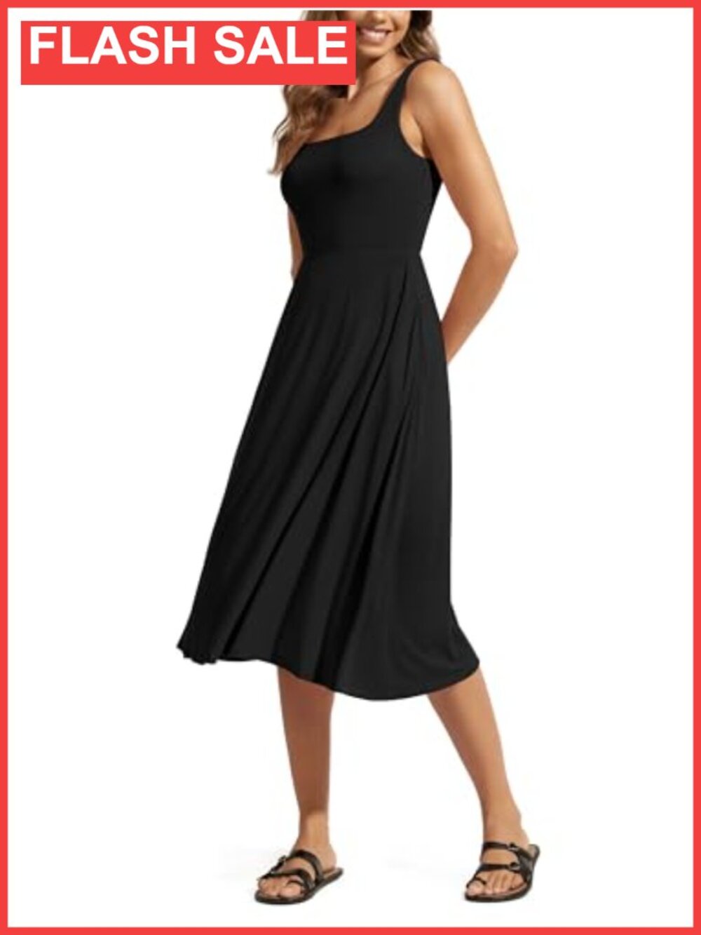 Square Neck Midi Dress with Pockets Sleeveless Summer Casual
